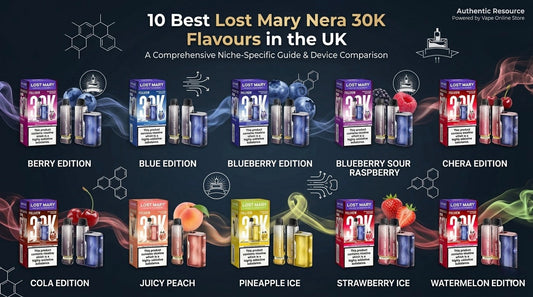 10 best Lost Mary Nera 30K flavours UK 2026 – Blueberry Sour Raspberry, Watermelon Edition, Strawberry Ice, Cola Edition, Blueberry Edition, Berry Edition, Cherry Edition, Blue Edition, Pineapple Ice and Juicy Peach lined up together