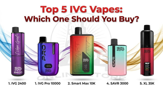 5 best IVG vapes UK 2026 - IVG Pro 10000, Smart Max 10K, XL 35K, 2400 and SAVR 3000 lined up together