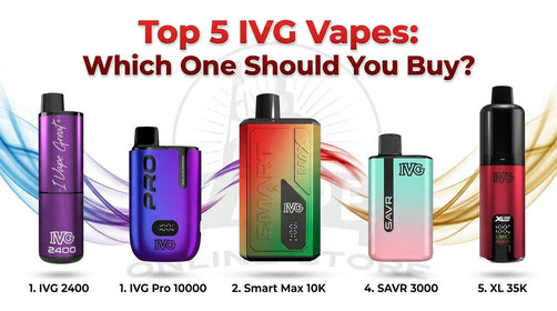 5 best IVG vapes UK 2026 - IVG Pro 10000, Smart Max 10K, XL 35K, 2400 and SAVR 3000 lined up together