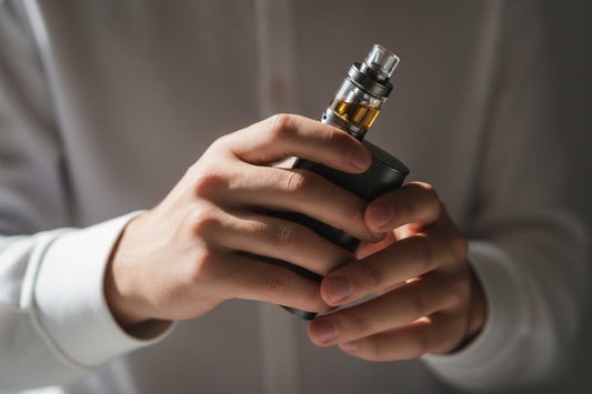 Beginner holding a pod vape for the first time with a calm, relaxed expression