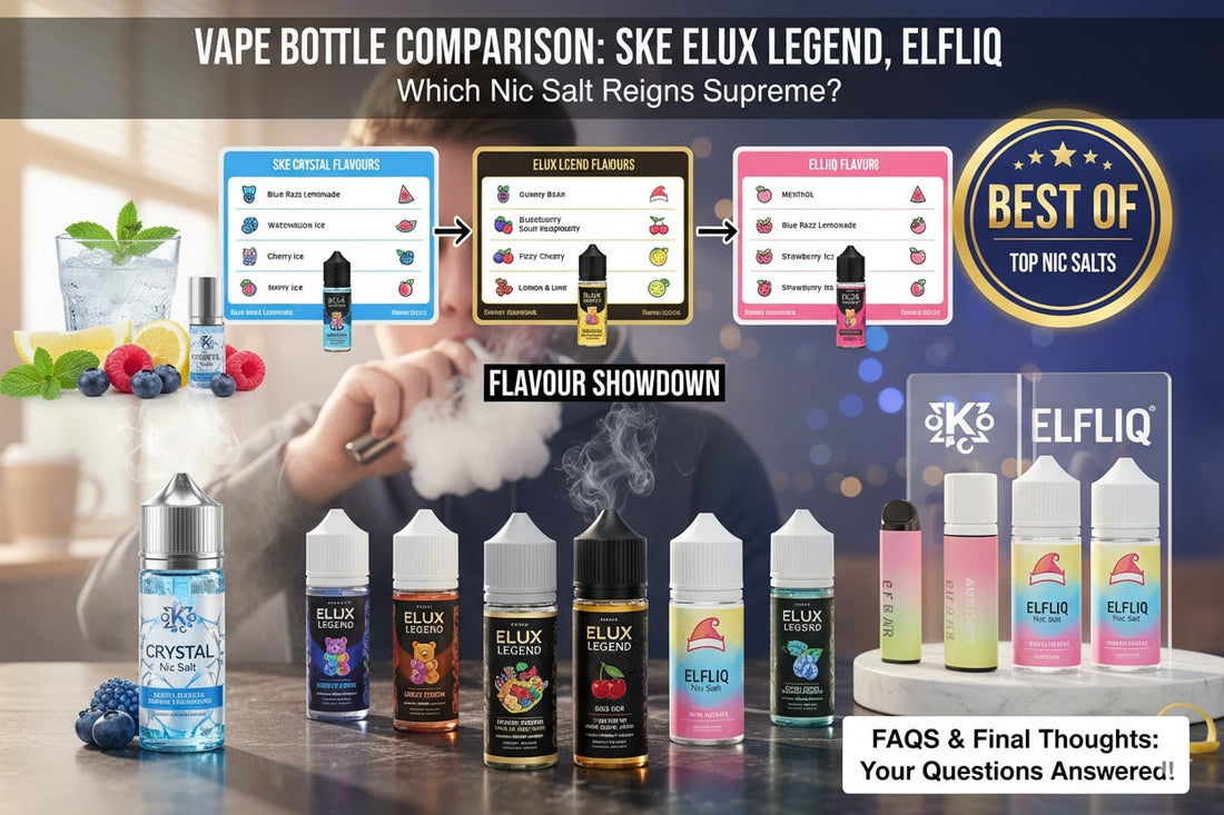 Best Nic Salt E-liquids 2025 comparison featuring Ske Crystal, Elux Legend, and Elfliq bottles side by side