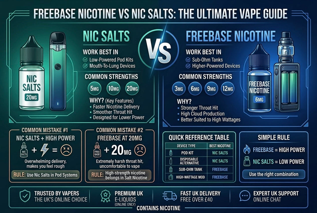 Freebase vs nic salts — what's the difference? Side-by-side comparison of freebase nicotine and nicotine salt e-liquids with a pod kit