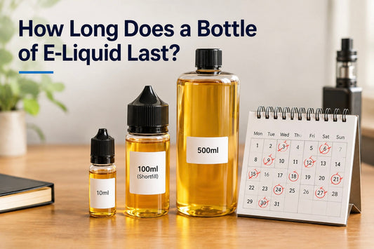 How long does a bottle of e-liquid last? Three e-liquid bottles of different sizes with a tracking calendar on a desk — UK guide to bottle life and shelf life