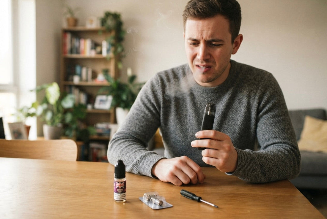 How to tell if a vape is burnt — vape with a concerned expression after a burnt hit, UK troubleshooting guide