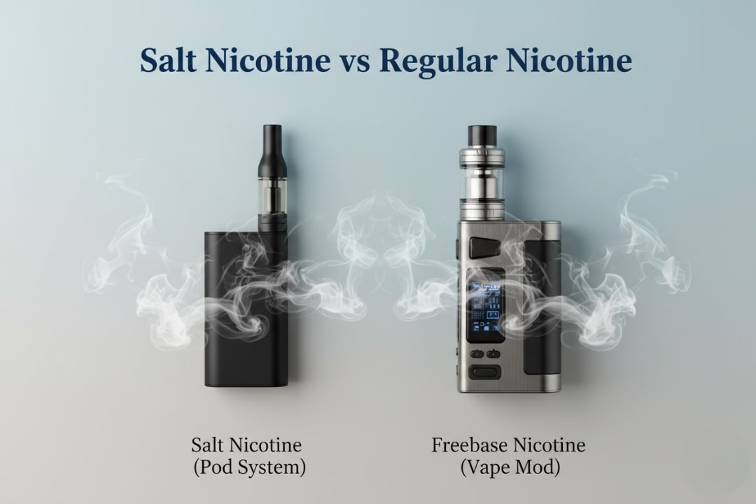 Salt nicotine vs regular nicotine comparison, showing pod and vape mod