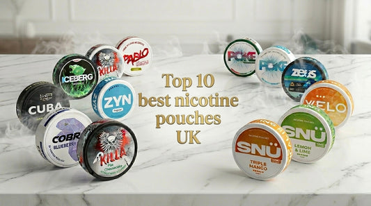 Top 10 Best Necotine Pouches UK – Vape Online Store (VOS) – Pablo, Cuba, Zyn, Iceberg, Killa, Velo, Cobra, Poke, Zeus and Snu lined up together