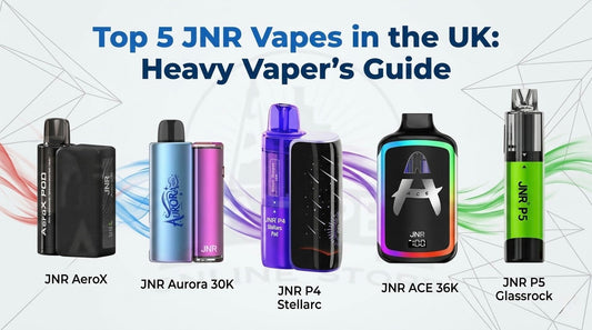 Top 5 JNR Vapes in the UK: Heavy Vaper's Guide featuring P4 Stellarc, Aurora 30K, ACE 36K, AeroX, and P5 Glassrock Pod Kits.