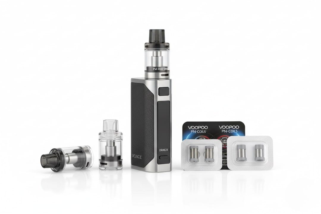 Voopoo PnP Pod System Kit with Drag X and PnP coils displayed on white background – best vape setup in the UK