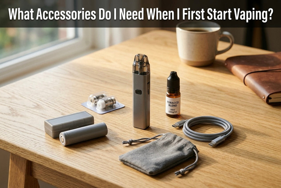 What accessories do I need when I first start vaping? Vape pod kit with spare coil, e-liquid, USB-C cable, case, and battery — UK beginner guide