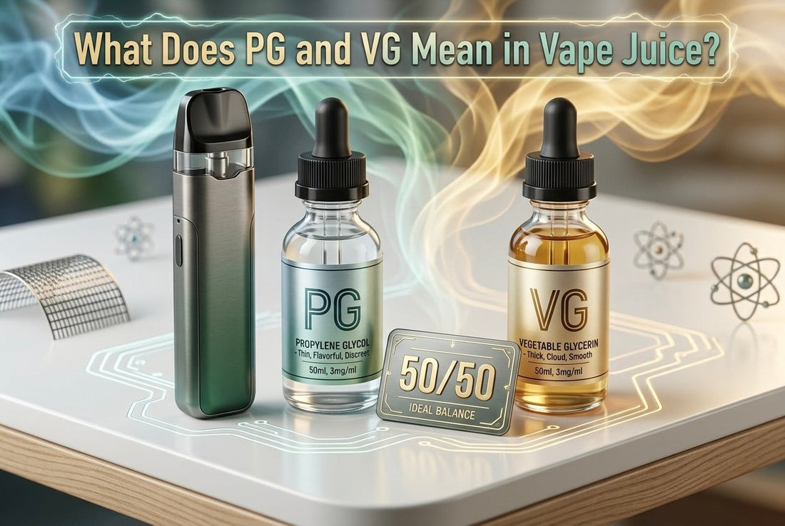 What do PG and VG mean in vape juice? PG and VG bottles with a 50/50 ratio label next to a vape device — complete UK guide to PG/VG ratios