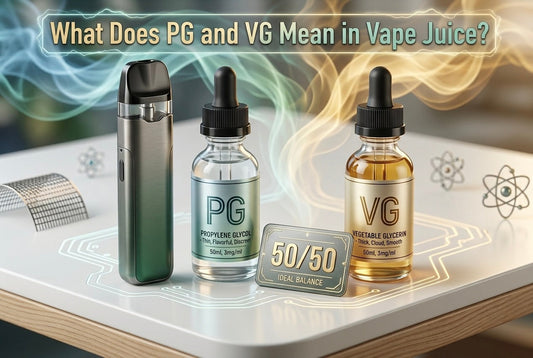 What do PG and VG mean in vape juice? PG and VG bottles with a 50/50 ratio label next to a vape device — complete UK guide to PG/VG ratios