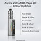 Aspire Zelos M80 vape kit shown in silver with a list of available colour finishes