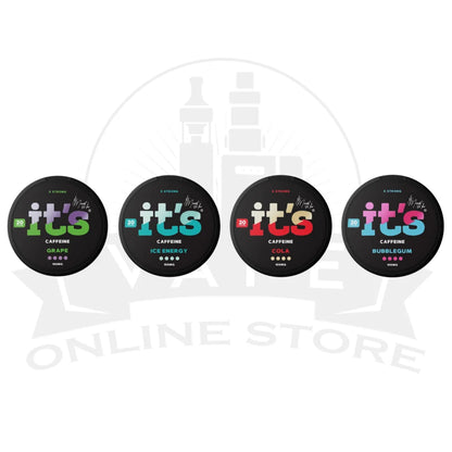 it's Caffeine Pouches can, nicotine-free caffeine pouches UK in 50mg and 100mg, 6 flavours, 20 pouches per can