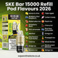 SKE Bar 15000 refill pod flavour list with the pod and 10ml refill container