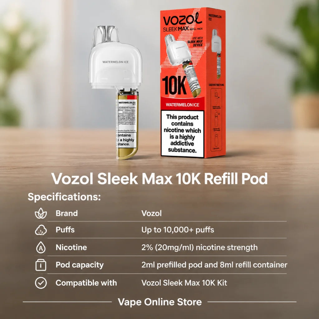 Vozol Sleek Max 10000 Puffs Pods specifications: 2ml pod, 8ml refill, 20mg, 10,000 puffs