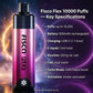 Specification list for Fisco Flex 10000 puff disposable vape showing puffs, battery, e-liquid, and turbo mode