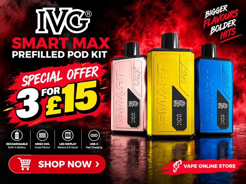 IVG Smart Max 10k prefilled pod kit, 3 for £15 - rechargeable mesh coil vape with LED display and USB-C